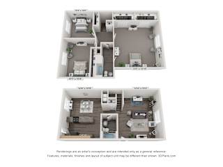 Three Bedroom 2 bath Floor Plan A at Rivers Landing Apartments and Townhomes, Hampton, Virginia