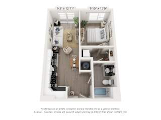 1 Bed 1 Bath Floor Plan at The Point Apartments on 38th, Norfolk, Virginia