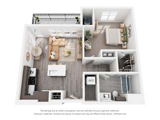 A 3D floor plan of a small apartment with a kitchen, living room, and bathroom.