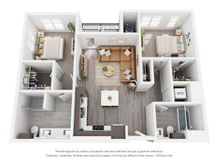 A 3D floor plan of a house with a kitchen, living room, and bathroom.