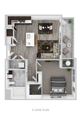 A floor plan of a small apartment with a living room, kitchen, and bathroom.