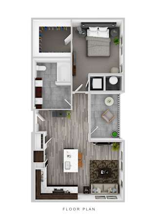 A floor plan of a small apartment with a kitchen, living room, and bathroom.