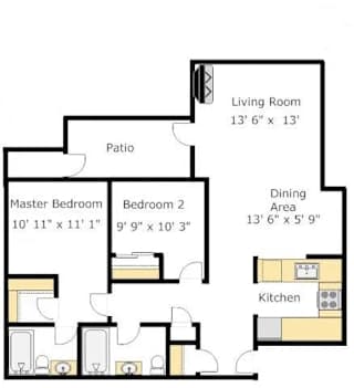 2 Bed 2 Bath Floor Plan at Del Norte Place Apartment Homes, El Cerrito, CA, 94530