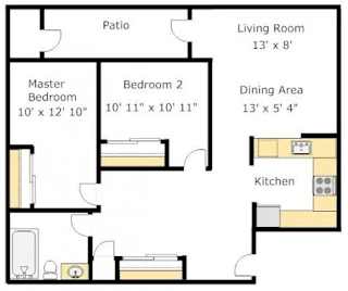 2 Bedroom 1 Bath Floor Plan at Del Norte Place Apartment Homes, El Cerrito, 94530