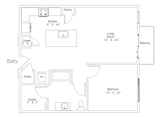 A floor plan of a home showing a kitchen, living room, and bedrooms.
