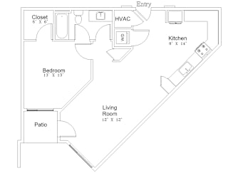 A floor plan of a house with a living room, bedroom, kitchen, patio, closet, and HVAC system.