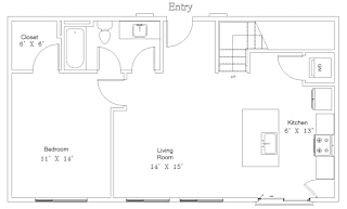 A floor plan of a small apartment with a bedroom, living room, kitchen, and closet.