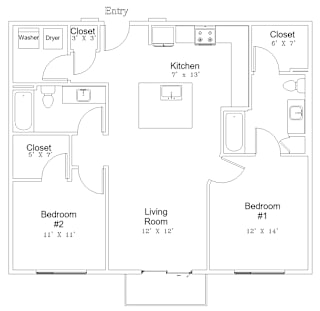 A floor plan of a living space with a kitchen, two bedrooms, and three closets.