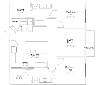 A floor plan of a two bedroom apartment with a living room and kitchen.