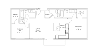 A floor plan of a house with two bedrooms, a living room, a kitchen, a bathroom, and two closets.