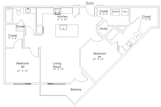 A floor plan of a house with a kitchen, living room, two bedrooms, a bathroom, and a balcony.