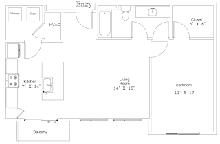 A floor plan of a small apartment with a kitchen, living room, bedroom, and bathroom.