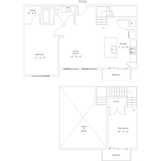A floor plan of a house with a living room, kitchen, and bathroom.