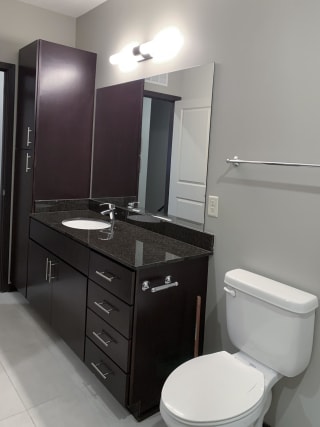 Bathroom with dark brown vanity and linen closet and large mirror