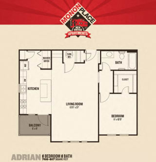 1 Bedrooms Floor Plan at Monon Living, Indianapolis, 46220