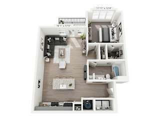 Serape 1-bedroom, 1-bathroom apartment at Nook Nine in Indianapolis, IN, featuring a bright, open-concept living space, chef-inspired kitchen with stainless steel appliances, private balcony, and a large walk-in closet, providing modern elegance near Keystone at the Crossing.