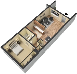 1X1 3D Floor Plan Furnished | Aspen Plaza in