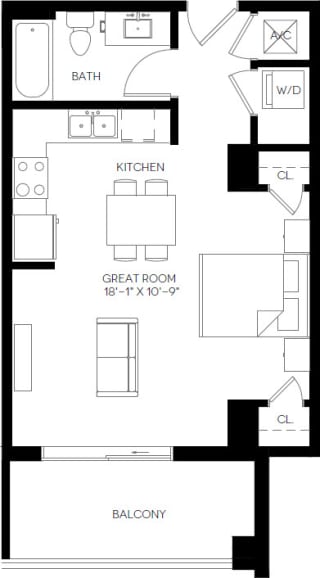 Studio 527 square feet floor plan S1