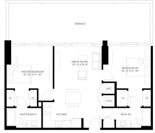 2 Bed 2 Bath 986 square feet floor plan B-A