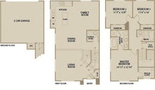3 bed 2.5 Bath 1691 square feet floor plan Plan E