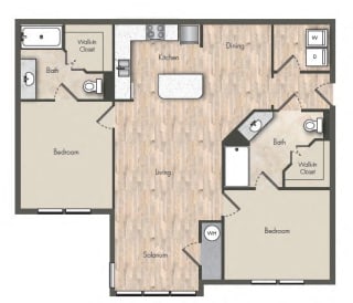 2 Bed - 2 Bath |1075 sq ft floorplan