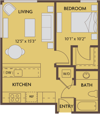 1 bed 1 bath 614 square feet floor plan