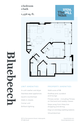 Luxury 2 Bed 2 Bath, 1,436 sqft, 2D Floorplan at The Whit in Indianapolis, IN 46204