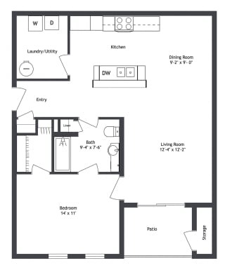 1 Bed 1 Bath, 784 sqft, 2D Floorplan at Sandstone Court Apartments in Greenwood, IN 46142