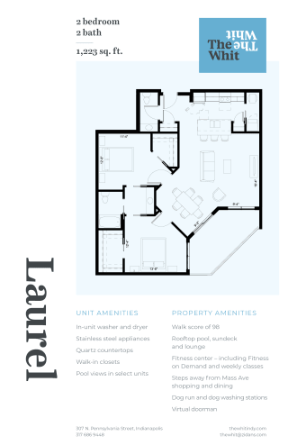 Luxury 2 Bed 1.5 Bath, 1,223 sqft, 2D Floorplan at The Whit in Indianapolis, IN 46204