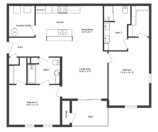2 Bed 2 Bath, 1,111 sqft, 2D Floorplan at Sandstone Court Apartments in Greenwood, IN 46142