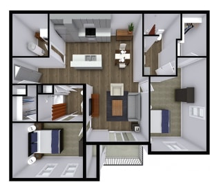 2 Bed 2 Bath, 1,111 sqft, 3D Floorplan at Sandstone Court Apartments in Greenwood, IN 46142