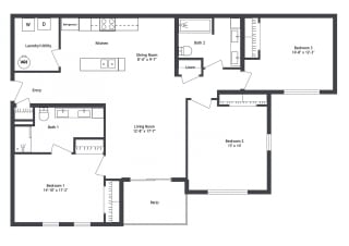 3 Bed 2 Bath, 1,289 sqft, 2D Floorplan at Sandstone Court Apartments in Greenwood, IN 46142