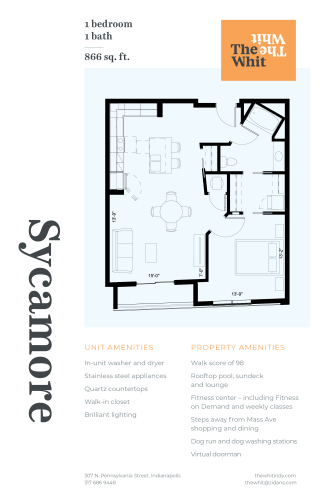 Luxury 1 Bedroom 1 Bathroom, 866 sqft, 2D Floorplan at The Whit in Indianapolis, IN 46204