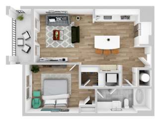 A top-down view of a modern apartment layout with a living room, kitchen, and bathroom.