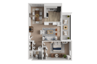 A 3D floor plan of a house with a living room, kitchen, and two bedrooms.