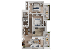 A detailed 3D floor plan of a two-story apartment.