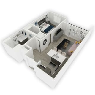 Image showing 3D apartment layout with open kitchen, living area, bedroom, and bathroom