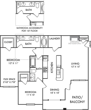 Buxton. 2 bedroom apartment. Kitchen with bartop open to living/dinning rooms. 2 full bathrooms, double vanity in master. Master bath doubles as guest bath on first floors. Walk-in closets. Patio/balcony. Optional fireplace on 3rd floors.