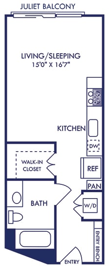 a floor plan of a two bedroom apartment with a walk in closet and a kitchen with a