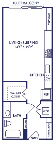 a studio apartment with an entry bench. stackable washer and dryer. Kitchen runs along the back side wall of the apartment with the living and sleeping area along the other side. Walk-in closet and bathroom with garden soaking tub. Juliet balcony access.