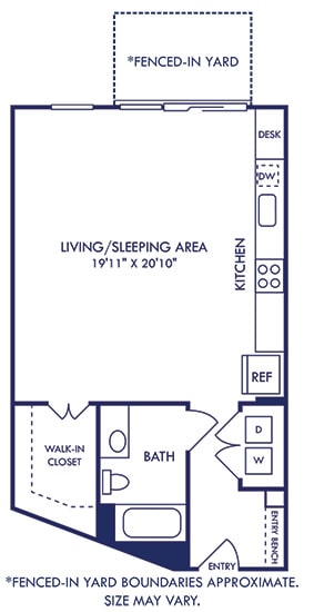 a studio apartment with an entry bench. stackable washer and dryer. Kitchen runs along the back side wall of the apartment with the living and sleeping area along the other side. Walk-in closet and bathroom with garden soaking tub. sliding rear door to patio and fenced-in yard