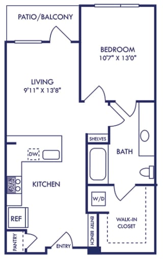 1 bedroom floorplan. entry bench. L-shaped kitchen overlooking living area. separate bath entrance from bedroom. walk-in closet entrance in bathroom. stackable washer/dryer in closet. Patio/balcony.