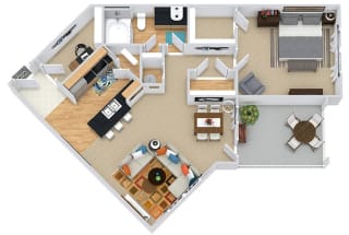 Dawson II 3D. 1 bedroom apartment. Kitchen with bartop open to living/dinning rooms. 1 full bathroom. Walk-in closet. Patio/balcony.