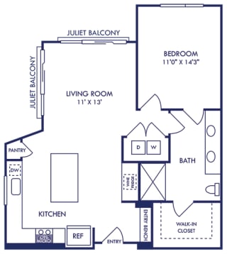 1 bedroom 1 bath floorplan with entry bench. opens to L-shaped kitchen with island and dry bar. overlooking living room. laundry room closet in hallway to bedroom and bath. walk-in closet in bathroom. Patio/balcony.