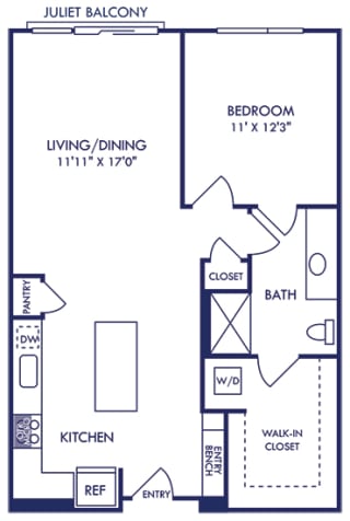1 bedroom 1 bath floorplan with entry bench. L-shaped Kitchen with island overlooking iving/dining area. bathroom with dual access. standalone shower in bath. walk-in closet with stackable washer/dryer. Juliet balcony off of living area.