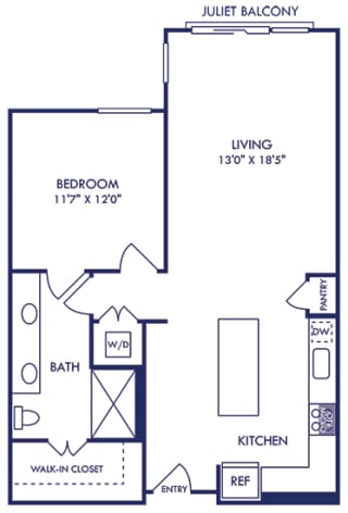 1 bedroom 1 bath opens to l-shaped kitchen overlooking dining/living area. juliet balcony off of living area. stackable washer/dryer in hallway closet. dual access bathroom with standalone shower. walk-in closet in bathroom.