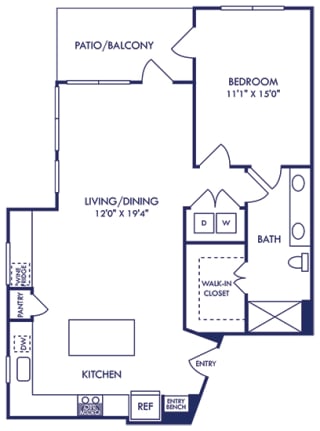 1 bedroom 1 bath. entry bench and opens to kitchen with island. drybar with wine fridge. kitchen overlooks dining/living area. washer/dryer in hallway closet leading to bedroom and dual access bathroom with standalone shower. walk-in closet in bathroom.