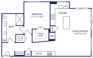 1 bedroom 1 bath floorplan with entry bench. long entry hallway with closet, stackable washer/dryer closet, dry bar with wine fridge. hallway opens up to living/dining. l-shaped kitchen with island and bright window over the sink. Primary bathroom with dual vanity and standalone shower. Patio/balcony