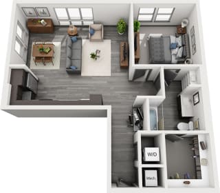 3D 1 bedroom floorplan. Entrance hall with W/D room. Built in desk. open to kitchen overlooking dining/living areas. 1 bedroom leads to bathroom. bathroom also accessible from hallway. Walk-in closet connected to bath.