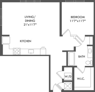 1 bedroom floorplan. Entrance hall with W/D room. Built in desk. open to kitchen overlooking dining/living areas. 1 bedroom leads to bathroom. bathroom also accessible from hallway. Walk-in closet connected to bath.